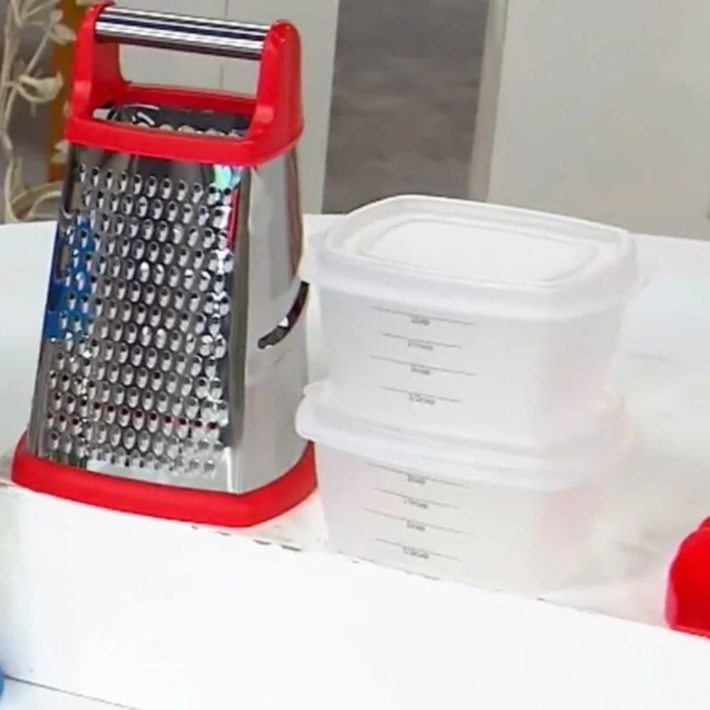 Prepology Stainless Steel Box Grater 4-Sided with 2 Catch Bins & Hand Guard Red‎